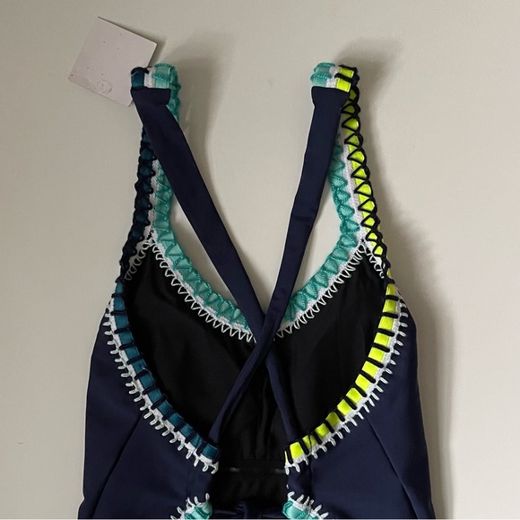 Platinum Inspired by Solange Ferrarini Women Crochet Trim OnePiece Navy Swimsuit - Picture 8 of 13